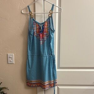 Blue Geometric Patterned Dress with Colorful Accents